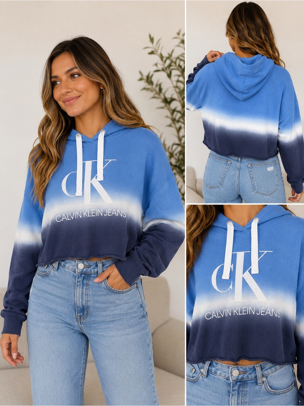 Calvin Klein Jeans Blue Ombre Cropped Pullover Hoodie